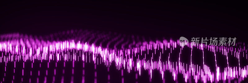 摘要动态波浪流垂直紫色辉光线在一个黑暗的背景。数字波背景概念。大数据可视化。3 d渲染。